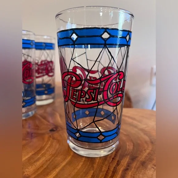 Vintage 1970s Pepsi-Cola Tiffany Stained Glass Inspired Glassware Set of 6 - Picture 5 of 9
